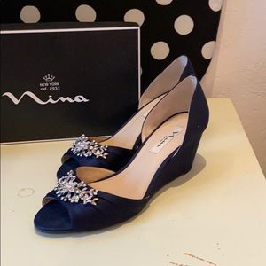 Navy blue satin wedges